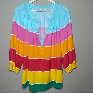 Crown & Ivy V-Neck Rainbow Striped Peasant Blouse Women Pink Orange 1X New